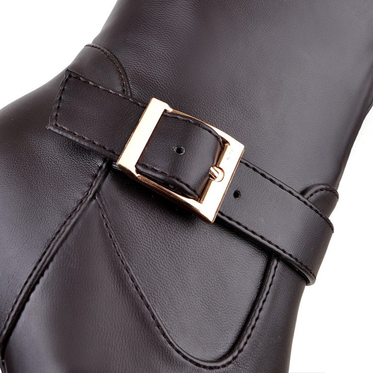 Ladies Pu Leather Side Zippers Belts Buckles Chunky Heel Platform Over the Knee Boots