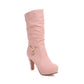 Pu Leather Almond Toe Metal Rhinestone Pendants Block Chunky Heel Platform Mid Calf Boots for Women