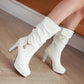 Pu Leather Almond Toe Metal Rhinestone Pendants Block Chunky Heel Platform Mid Calf Boots for Women