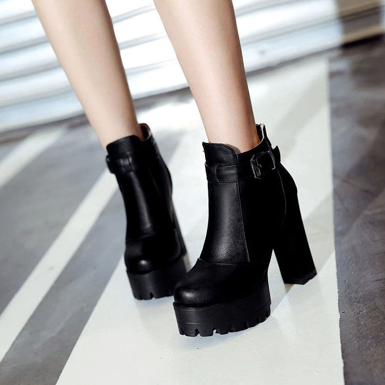 Pu Leather Round Toe Buckle Straps Block Chunky Heel Platform Back Zippers Ankle Boots for Women