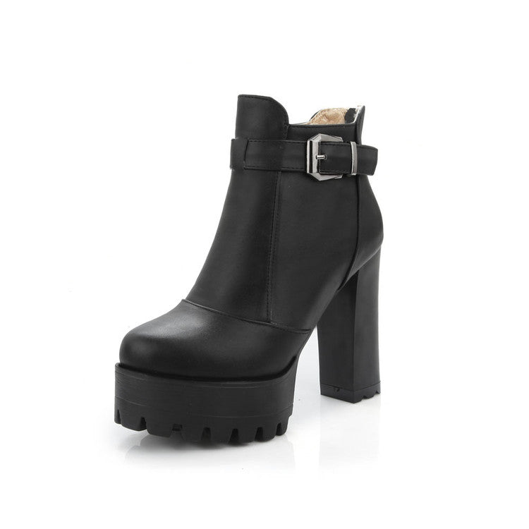 Pu Leather Round Toe Buckle Straps Block Chunky Heel Platform Back Zippers Ankle Boots for Women