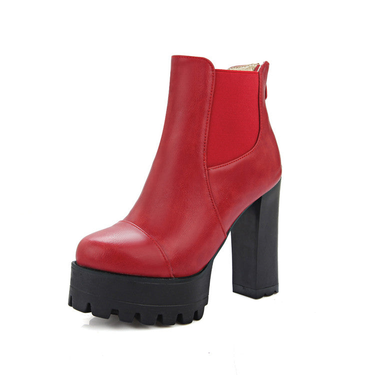 Pu Leather Round Toe Back Zippers Block Chunky Heel Platform Ankle Boots for Women