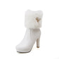 Pu Leather Round Toe Furry Rhinestone Block Chunky Heel Platform Short Boots for Women