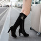 Flock Side Zippers Pearls Chains Block Chunky Heel Platform Knee High Boots for Women