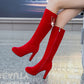 Flock Side Zippers Pearls Chains Block Chunky Heel Platform Knee High Boots for Women
