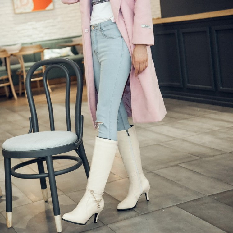 Pu Leather Pointed Toe Metal Stars Chains Side Zippers Kitten Heel Knee High Boots for Women