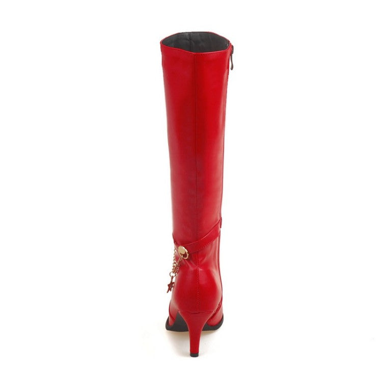 Pu Leather Pointed Toe Metal Stars Chains Side Zippers Kitten Heel Knee High Boots for Women
