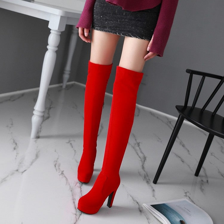 Ladies Suede Round Toe Side Zippers Chunky Heel Platform Over the Knee Boots