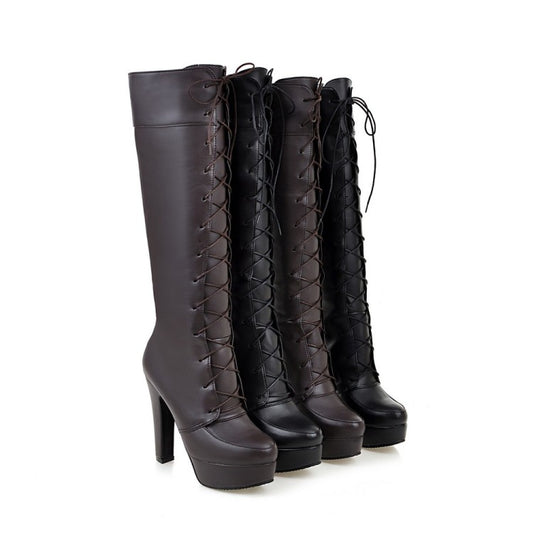 Ladies Pu Leather Round Toe Lace Up Chunky Heel Platform Knee High Boots