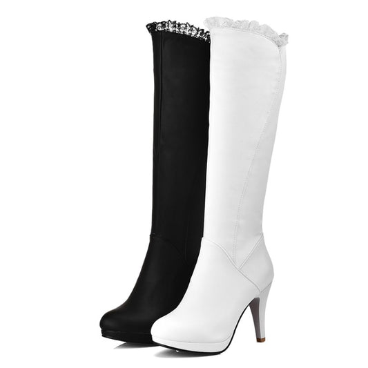 Lace Side Zippers Cone Heel Platform Knee High Boots for Women