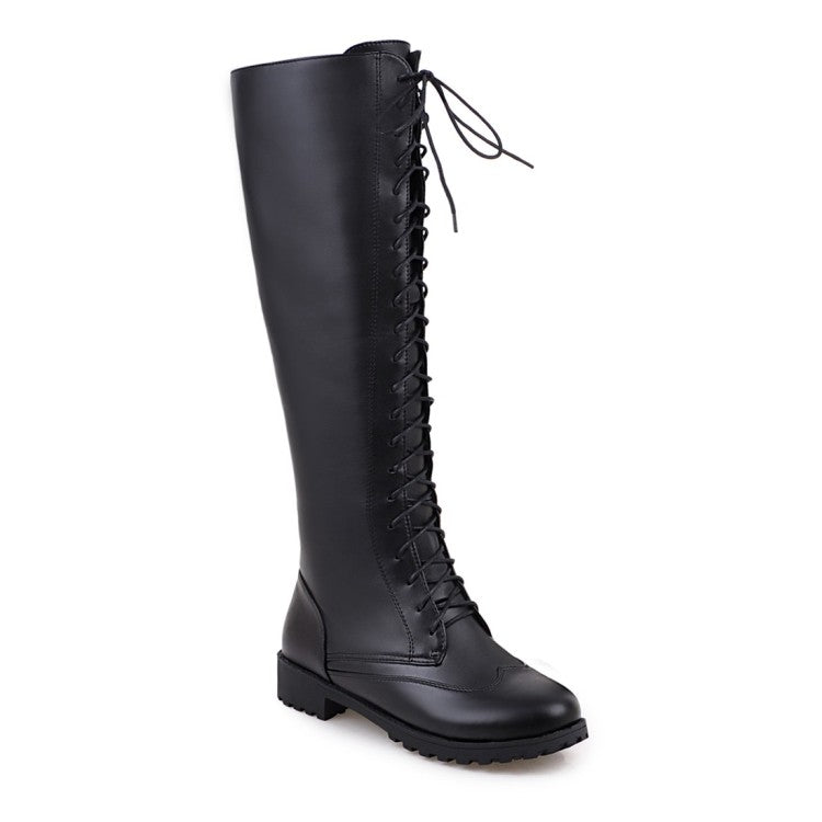 Ladies Pu Leather Round Toe Low Heel Lace Up Knee High Boots