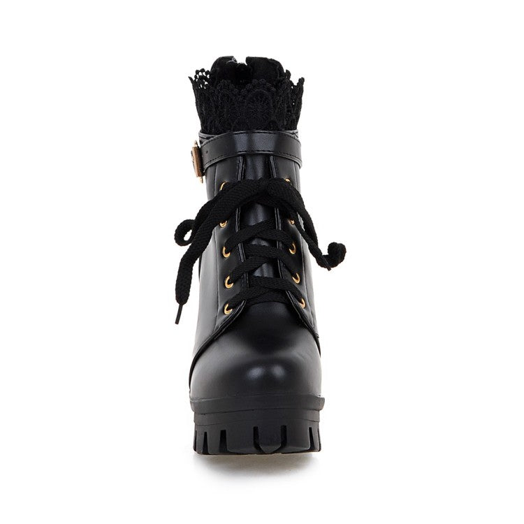 Ladies Round Toe Lace Up Lace Chunky Heel Platform Ankle Boots