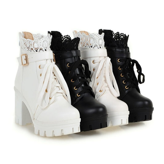 Ladies Round Toe Lace Up Lace Chunky Heel Platform Ankle Boots