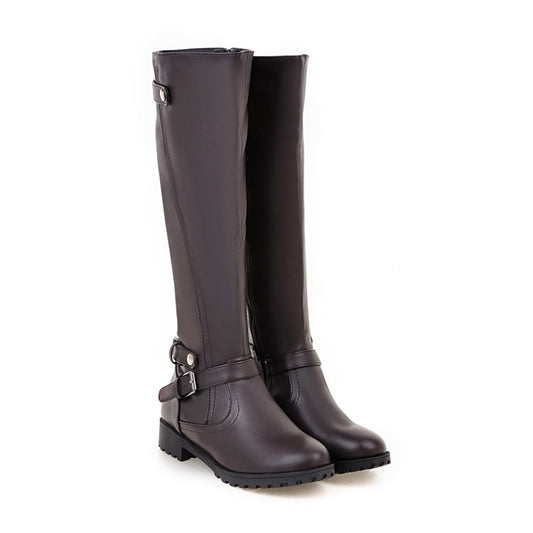 Ladies Pu Leather Round Toe Side Zippers Low Heel Knee High Boots