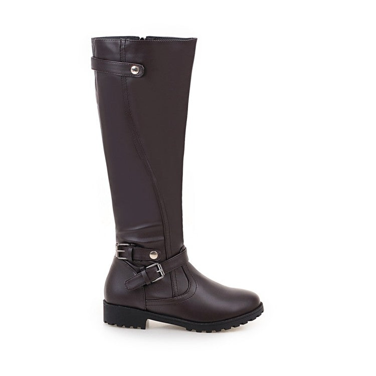 Ladies Pu Leather Round Toe Side Zippers Low Heel Knee High Boots