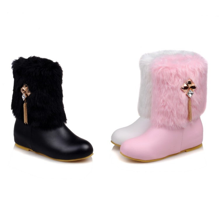 Pu Leather Round Toe Furry Rhinestone Tassel Inside Heighten Ankle Boots for Women