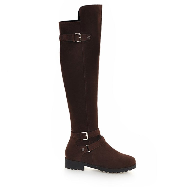 Ladies Frosted Belts Buckles Round Toe Side Zippers Knee High Boots