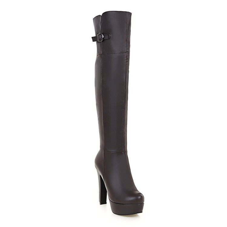 Ladies Pu Leather Belts Buckles Chunky Heel Platform Over the Knee Boots