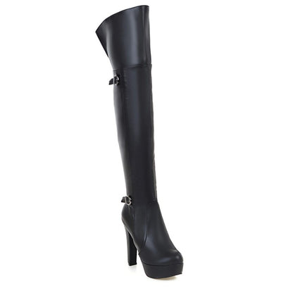 Ladies Pu Leather Side Zippers Platform Chunky Heel Over the Knee Boots