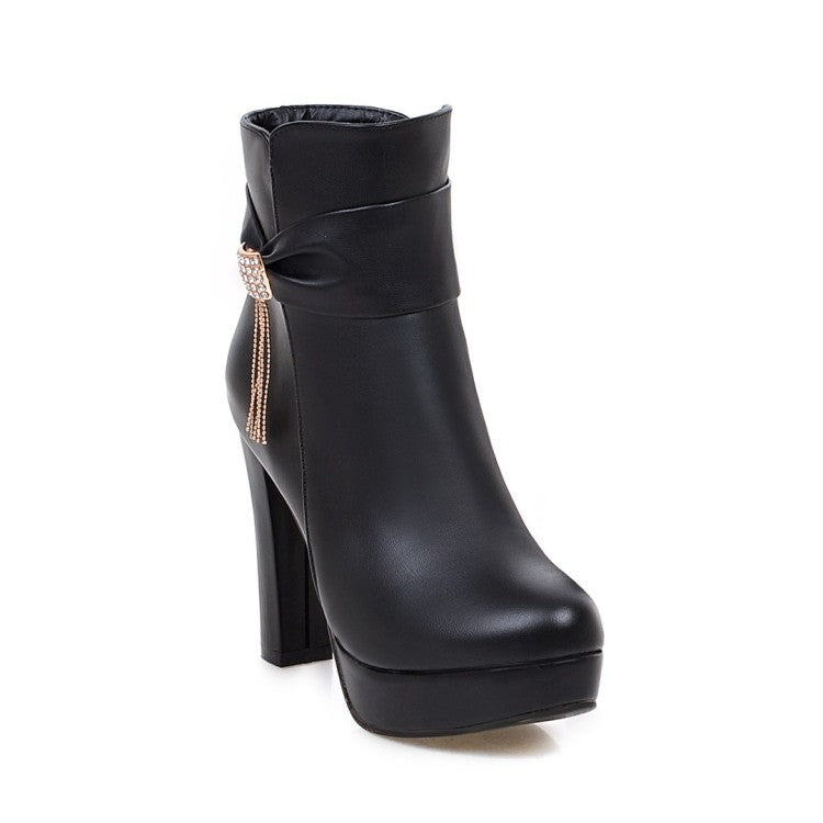 Ladies Pu Leather Rhinestone Tassel Chunky Heel Platform Ankle Boots