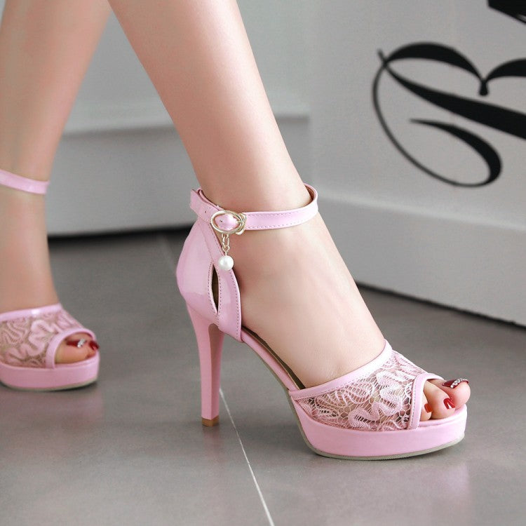Ladies Mesh Rhinestone Pearls Stiletto High Heel Platform Sandals