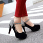 Ladies Suede Almond Toe Sequins Ankle Strap Chunky Heels High Heel Platform Pumps