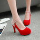 Ladies Suede Almond Toe Sequins Ankle Strap Chunky Heels High Heel Platform Pumps