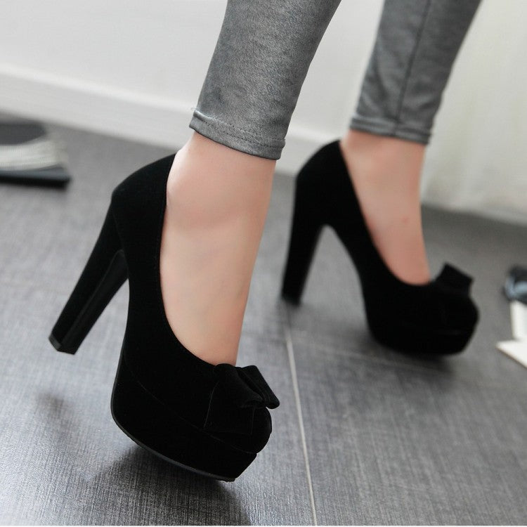 Ladies Suede Round Toe Butterfly Knot Chunky Heel Platform Pumps