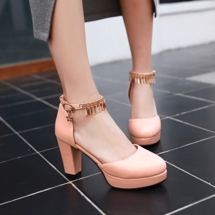 Ladies Solid Color Round Toe Metal Decor Ankle Strap Chunky Heel Platform Sandals