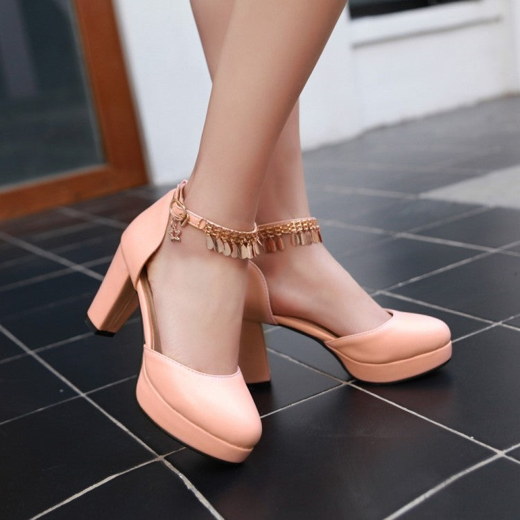 Ladies Solid Color Round Toe Metal Decor Ankle Strap Chunky Heel Platform Sandals