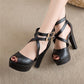 Ladies Solid Color Peep Toe Hollow Out Cross Ankle Strap Chunky Heel Platform Sandals