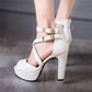Ladies Solid Color Peep Toe Hollow Out Cross Ankle Strap Chunky Heel Platform Sandals