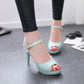 Ladies Bling Bling Glossy Ankle Strap Rhinestone Peep Toe Stiletto High Heel Platform Sandals