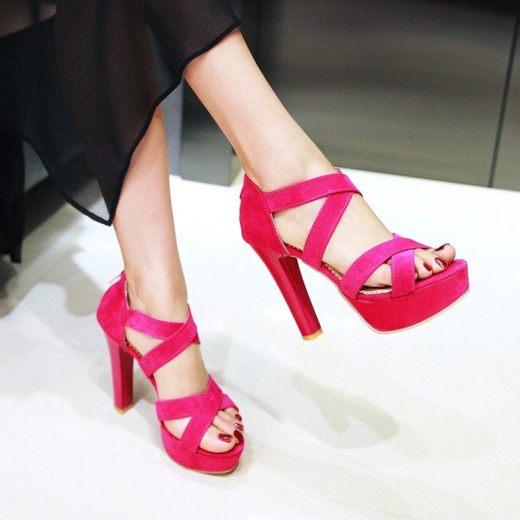 Ladies Solid Color Cross Strap Ankle Wrap High Heel Platform Sandals