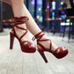 Ladies Solid Color Cross Strap Back Butterfly Knot Platform Chunky Heel Platform Sandals