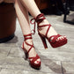 Ladies Solid Color Cross Strap Back Butterfly Knot Platform Chunky Heel Platform Sandals