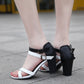 Ladies Color Block Double Ankle Strap Block Heel Sandals