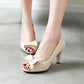 Ladies Pumps Pu Leather Peep Toe Butterfly Knot Chunky High Heels