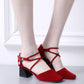 Ladies Solid Color Rhinestone Ankle Strap Block Heel Sandals