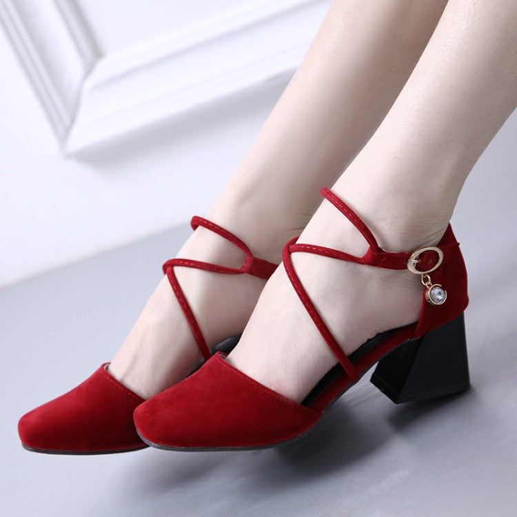 Ladies Solid Color Rhinestone Ankle Strap Block Heel Sandals