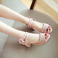 Ladies Solid Color Peep Toe Ankle Strap Butterfly Knot Block Heels Sandals