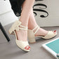 Ladies Solid Color Peep Toe Ankle Strap Butterfly Knot Block Heels Sandals