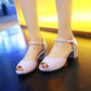 Ladies Peep Toe Ankle Strap Chains Rhinestone Block Heel Sandals