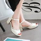 Ladies Solid Color Peep Toe Rhinestone Ankle Strap Block Heels Sandals
