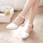Ladies Solid Color Round Toe Hollow Out Pearls Ankle Strap Block Heel Low Heels Sandals
