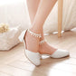 Ladies Solid Color Round Toe Hollow Out Pearls Ankle Strap Block Heel Low Heels Sandals
