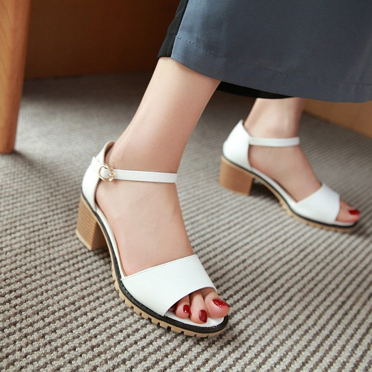 Ladies Solid Color Peep Toe Ankle Strap Block Heel Low Heels Sandals