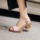 Ladies Solid Color Peep Toe Ankle Strap Block Heel Low Heels Sandals
