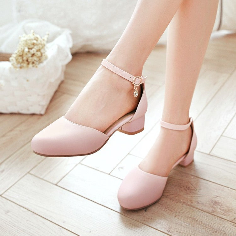 Ladies Solid Color Round Toe Block Heel Low Heels Sandals