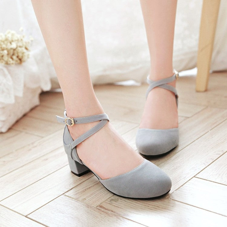 Ladies Suede Solid Color Round Toe Cross Strap Block Heel Sandals